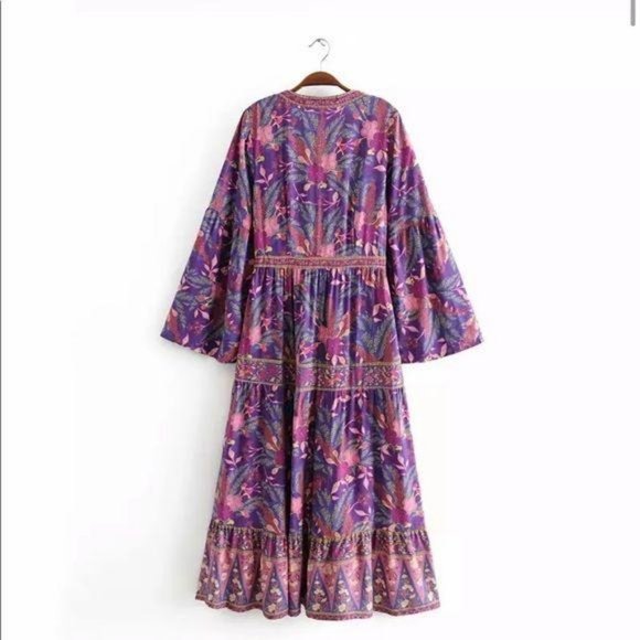 Boho Floral Print Gypsy Maxi Dress Purple Paisley - Picture 7 of 13